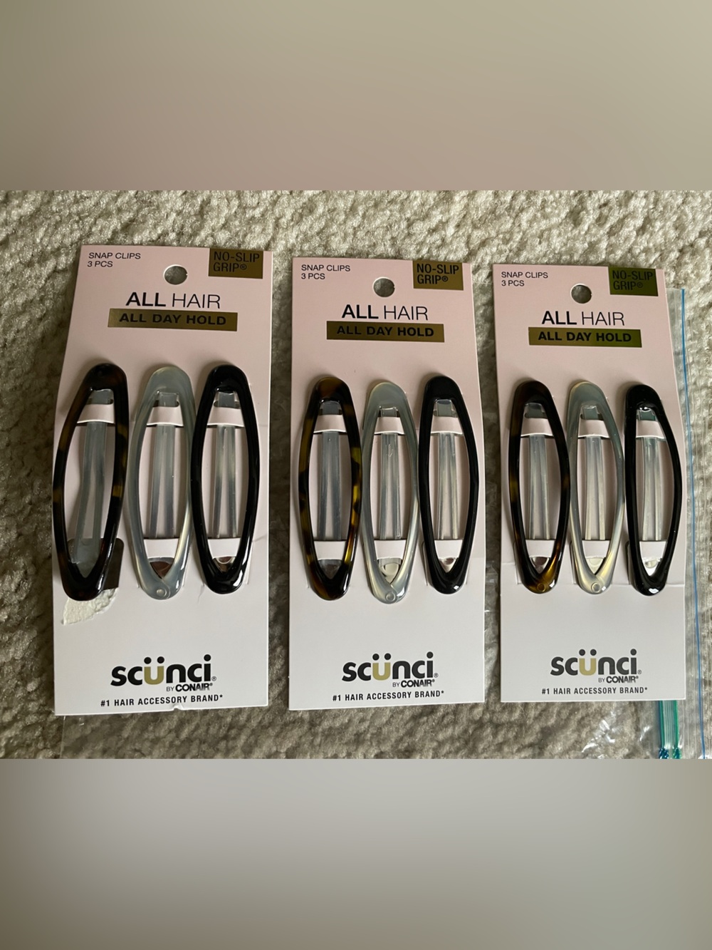 scunci Snap Hair Clips Trio - Black, Tortoise & Light Gray*